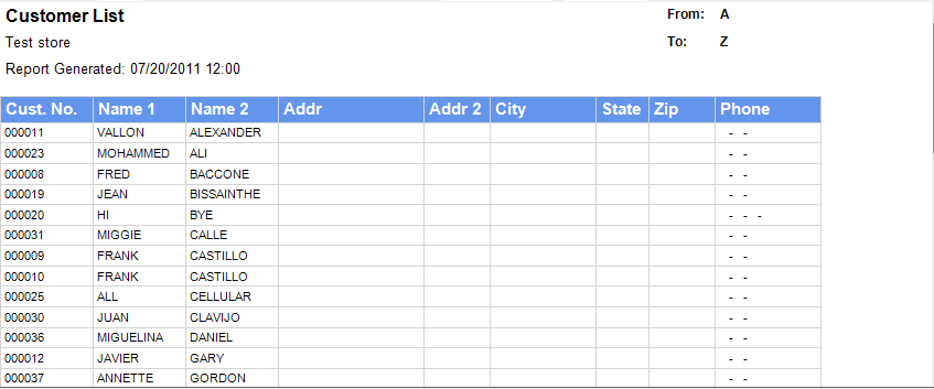 7. Customer List Report