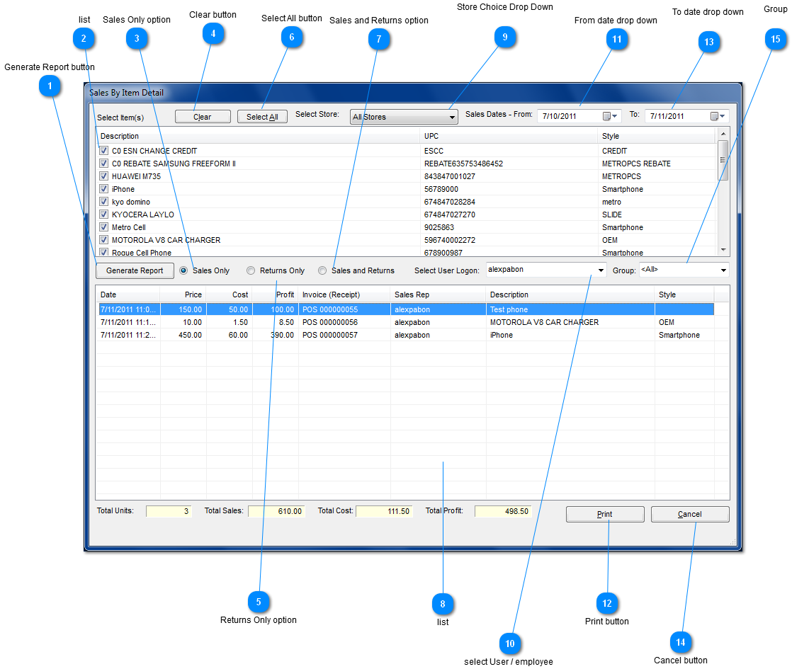 Sales By Item Detail window